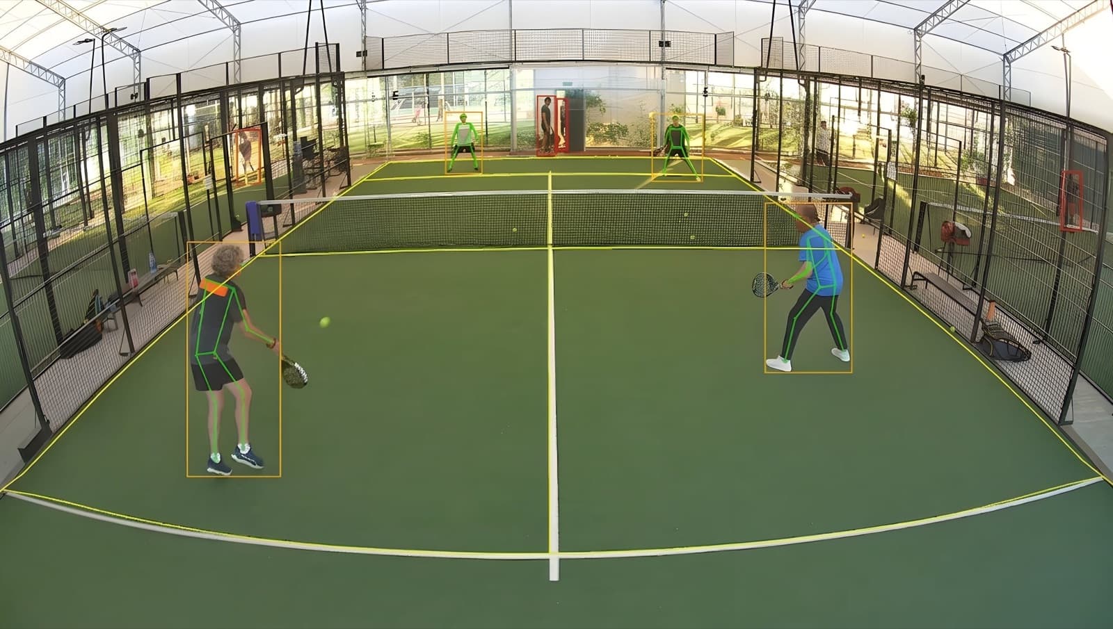 The same court with the system's tracking drawn on it: each player outlined and followed, and the court's own lines picked out
