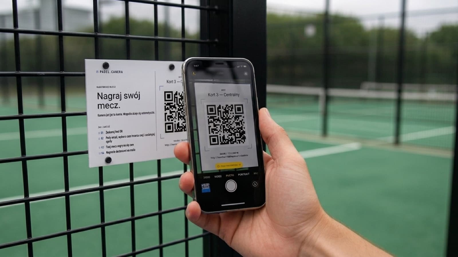 Player scanning the court card's QR code from the padel court fence